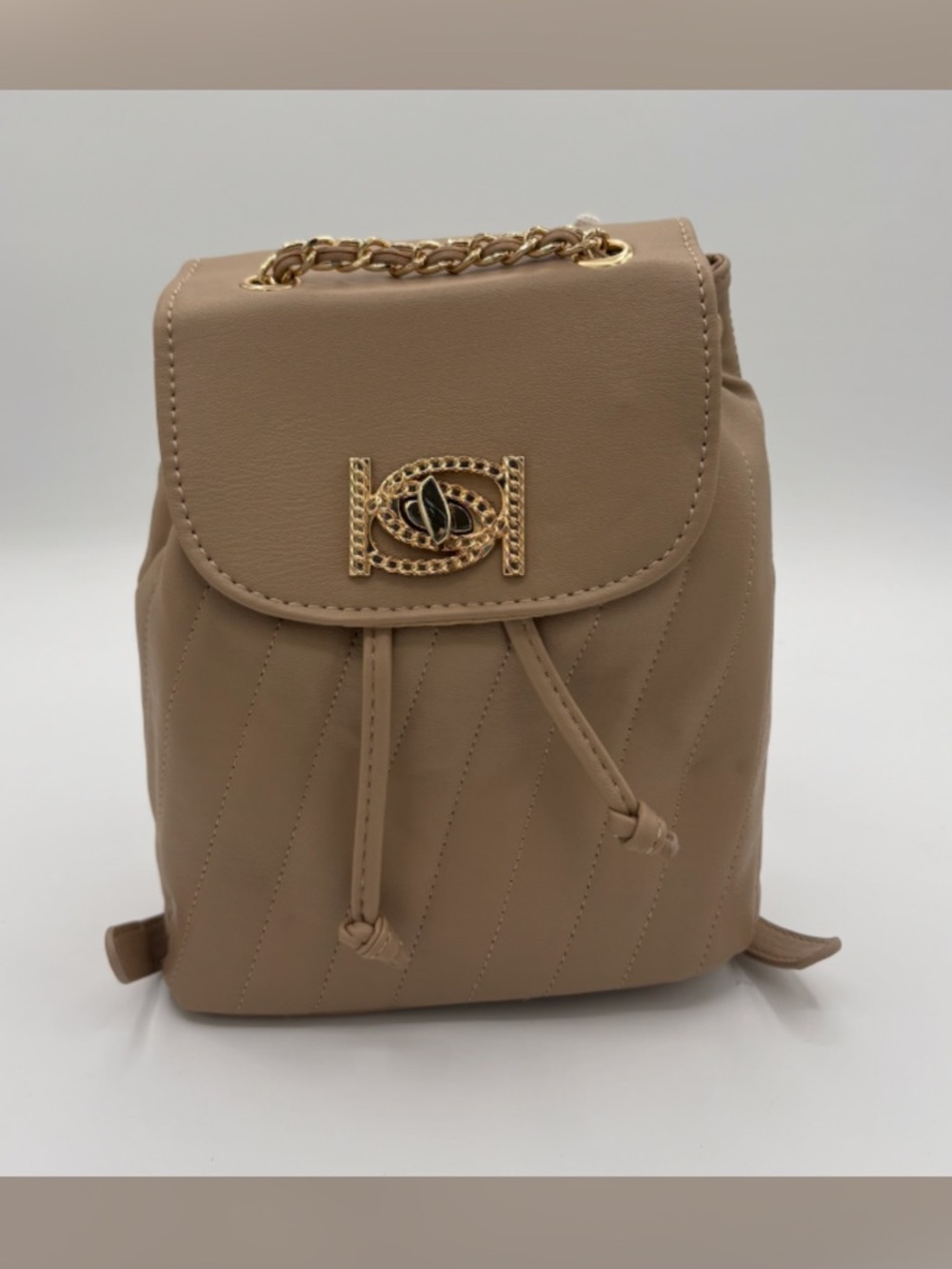 bebe Quilted Beige Backpack with Gold Chain Trim